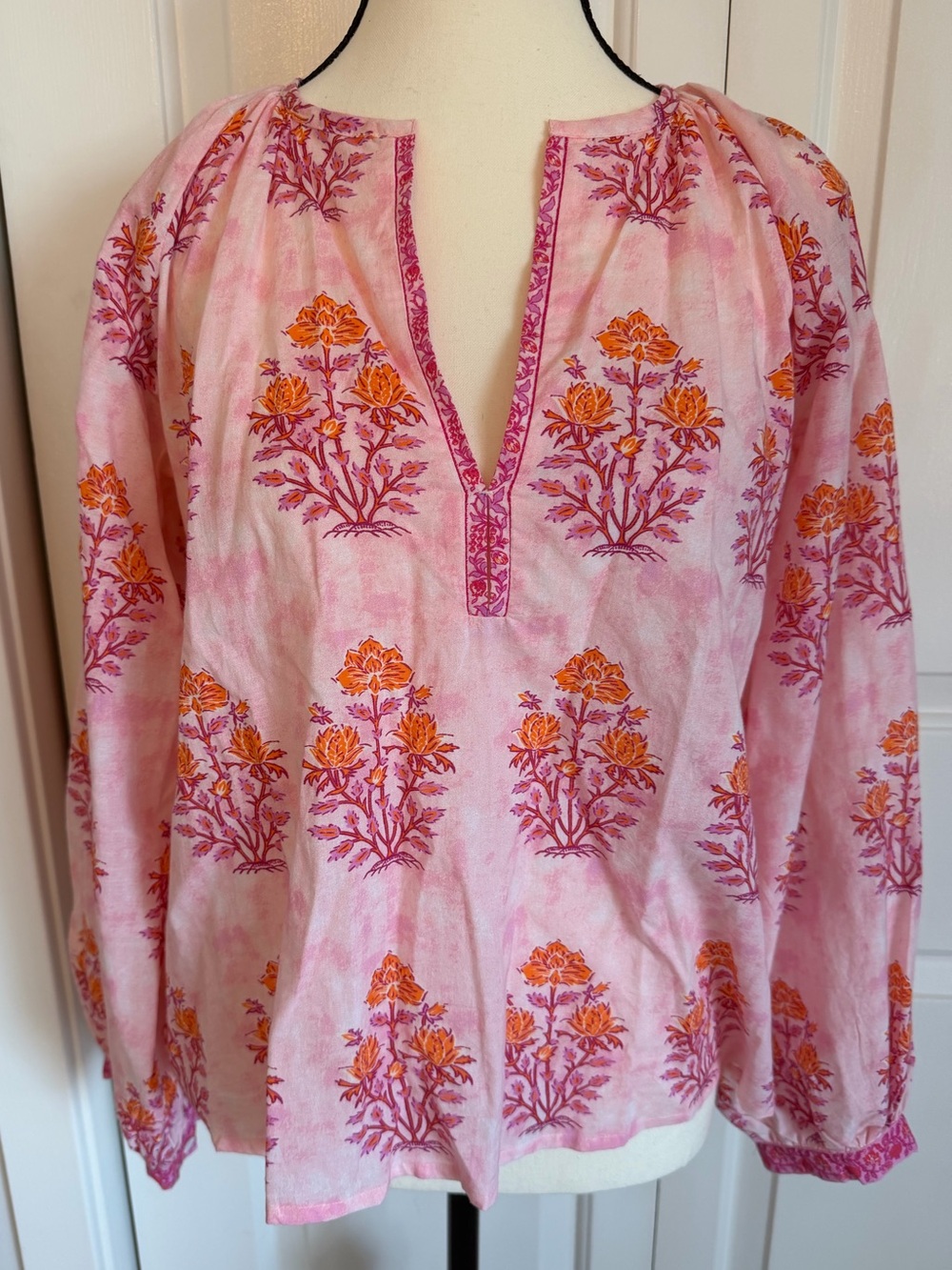 Bindu cotton Pink Floral paisley Peasant Blouse XS